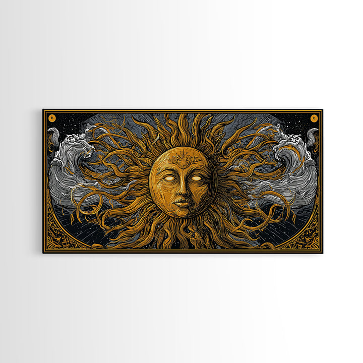 Gold Canvas Print of Sun Face with Flowing Hair and Ocean Waves, Detailed Mythological Design, Wood Framed Map Wall Décor