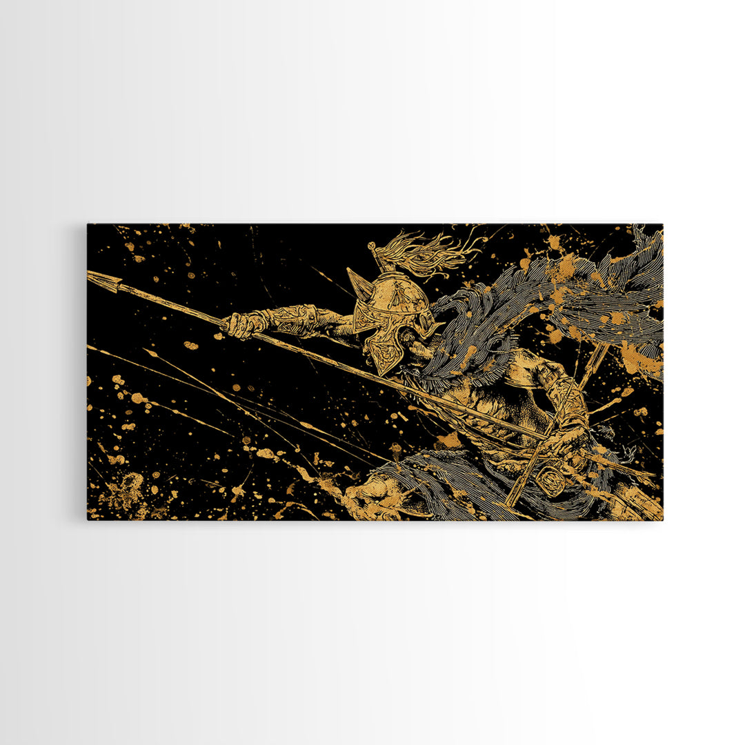 Gold Canvas Art of Warrior with Flowing Cape and Spear, Ornate Armor and Dynamic Battle Pose, Wood Framed Map Wall Art for History