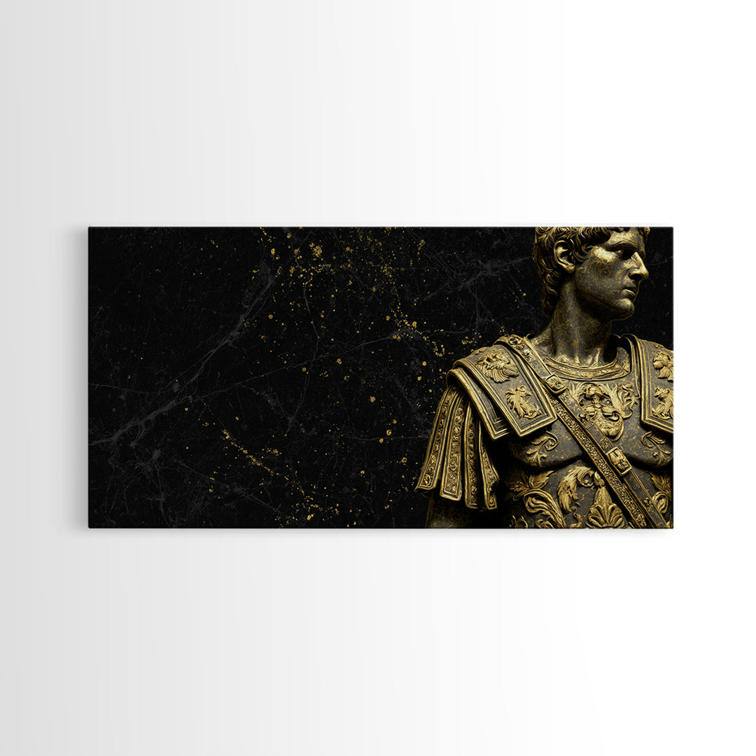 Ancient Roman Emperor Statue Gold Canvas Print, Luxurious Black Marble Background, Classical Warrior Art, Regal Home Decor