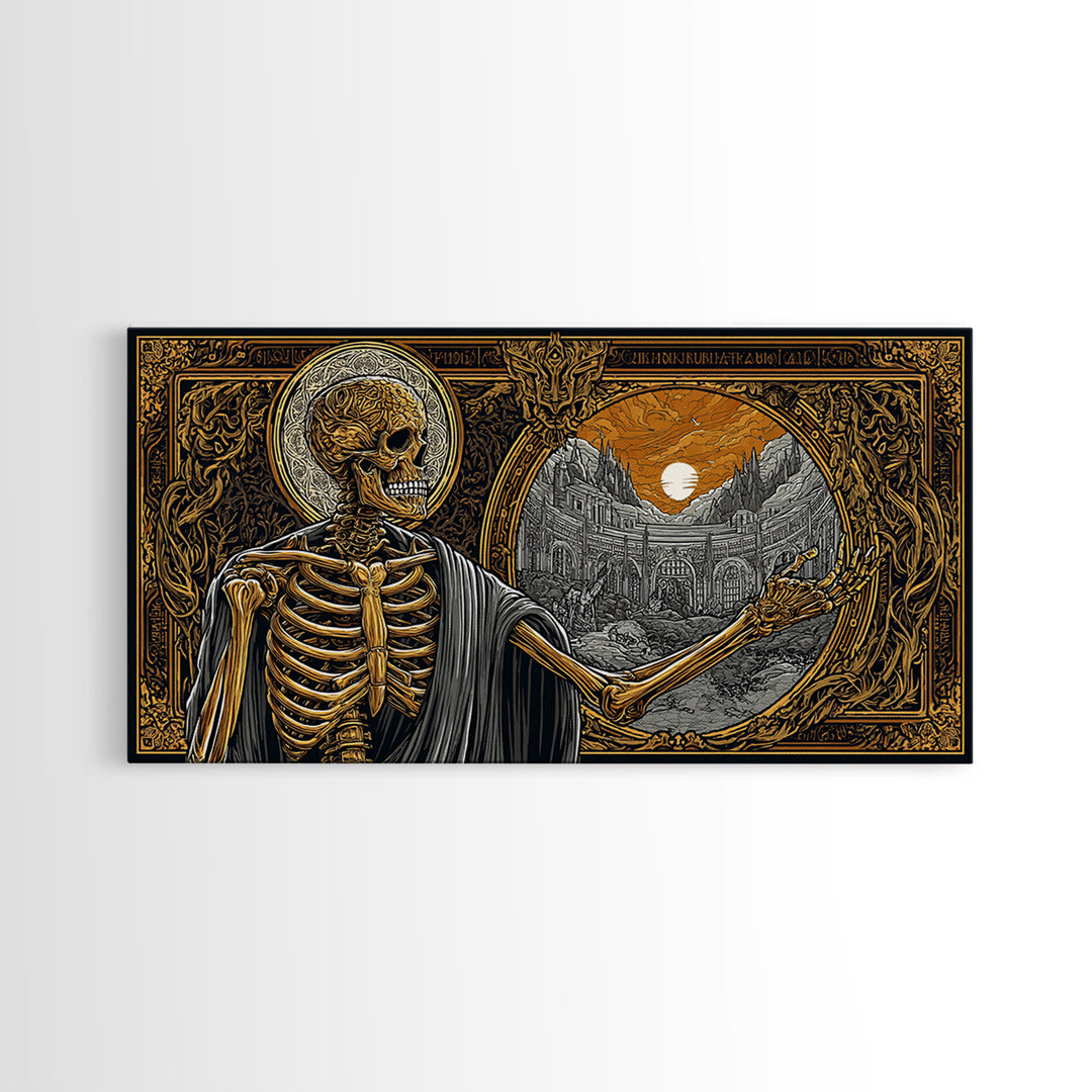 Skeleton Pointing to Ancient Arena Gold Canvas Art, Gothic Medieval Scene, Ornate Frame Design, Dark Fantasy Wall Decor