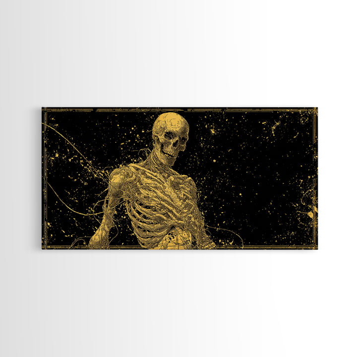 Golden Anatomical Skeleton on Black Starfield Gold Canvas Print, Macabre Anatomy Illustration, Gothic Horror Home Art