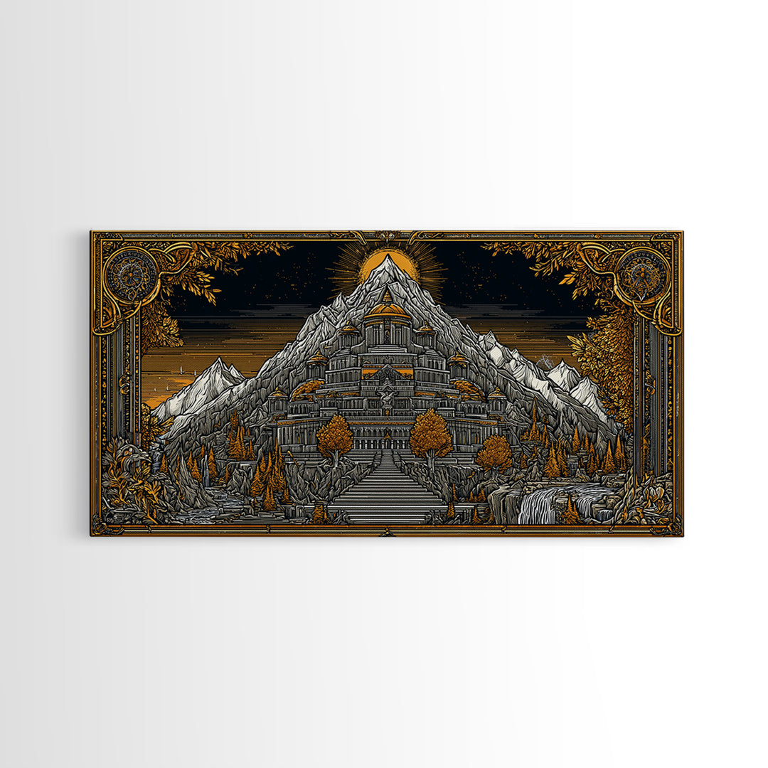 Mythical Mountain Fortress Gold Canvas Art, Grand Palace in Majestic Peaks, Fantasy Landscape Illustration, Epic Home Wall Decor