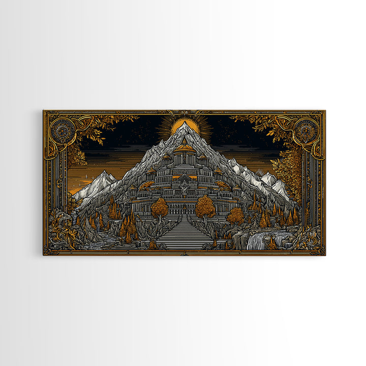 Mythical Mountain Fortress Gold Canvas Art, Grand Palace in Majestic Peaks, Fantasy Landscape Illustration, Epic Home Wall Decor