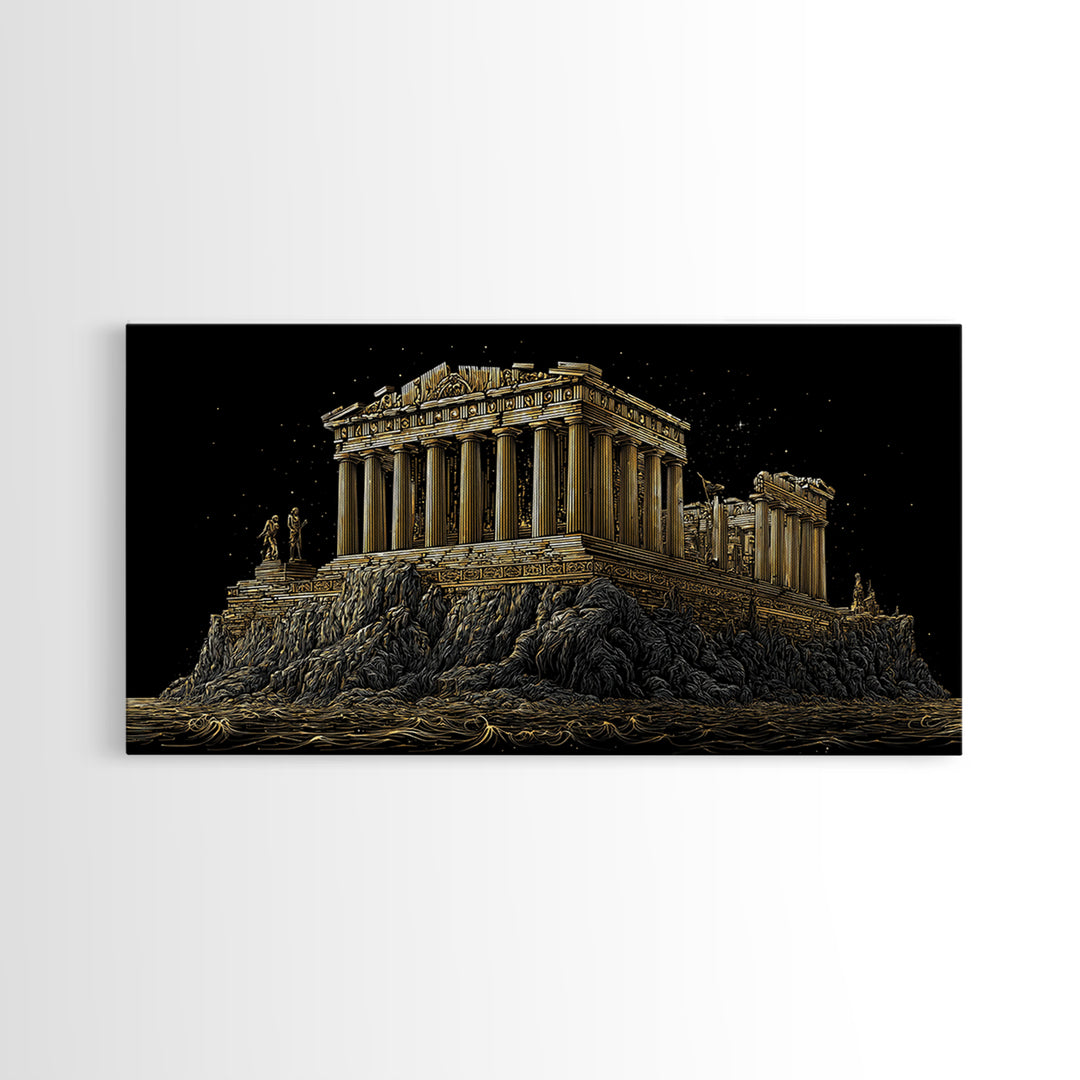 Ancient Greek Temple on Rocky Shore Gold Canvas Print, Classical Architecture Illustration, Historic Landmark Wall Art