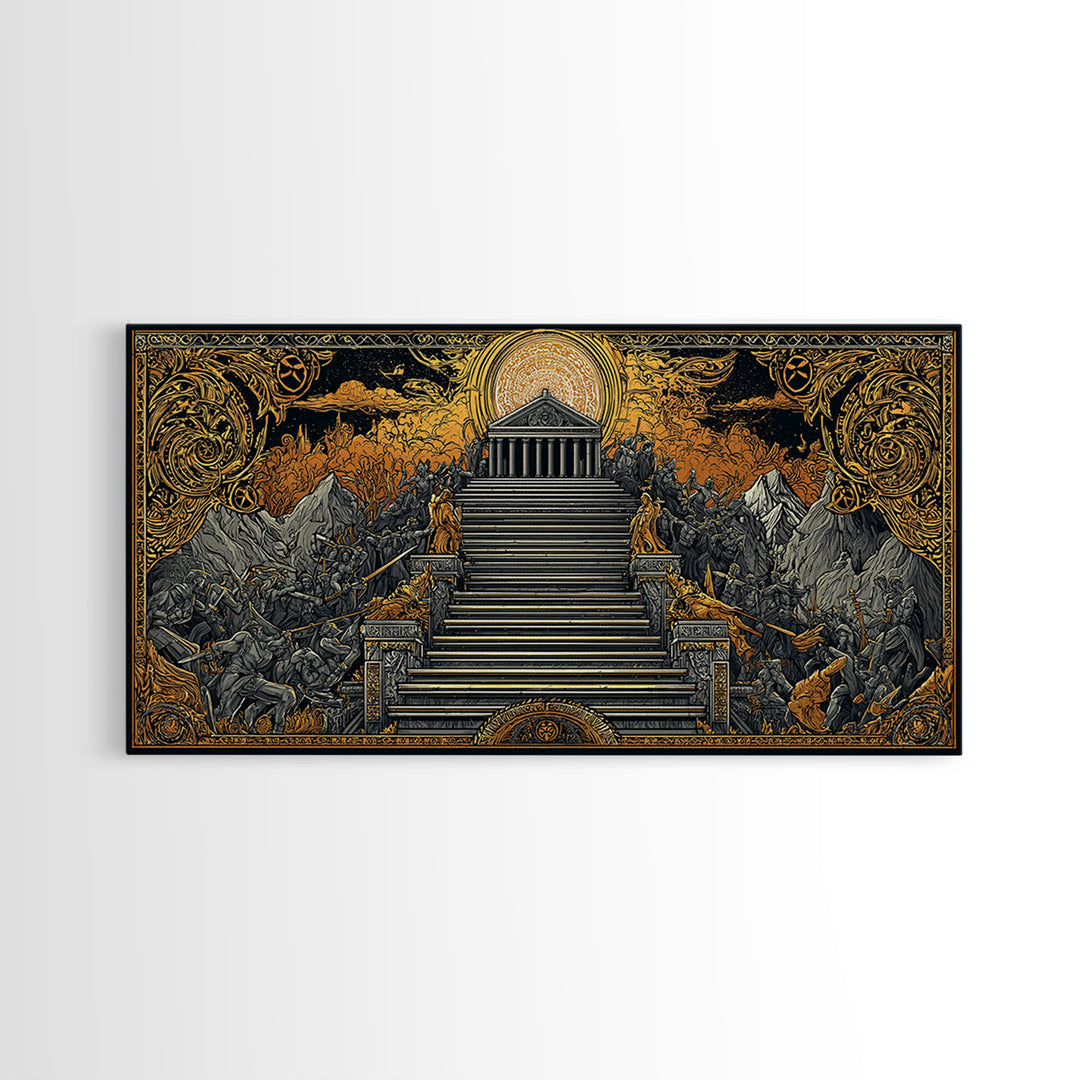 Mythic Battle at Temple Stairs Gold Canvas Art, Epic Fantasy Scene, Heroic Warriors and Gods, Dramatic Home Wall Decor