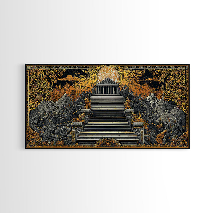 Mythic Battle at Temple Stairs Gold Canvas Art, Epic Fantasy Scene, Heroic Warriors and Gods, Dramatic Home Wall Decor