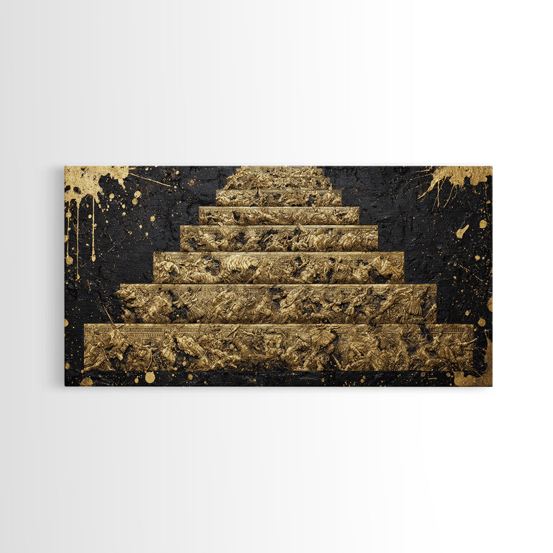 Ancient War Scene on Pyramid Steps Gold Canvas Print, Historic Battle Relief Sculpture, Regal Classical Home Art