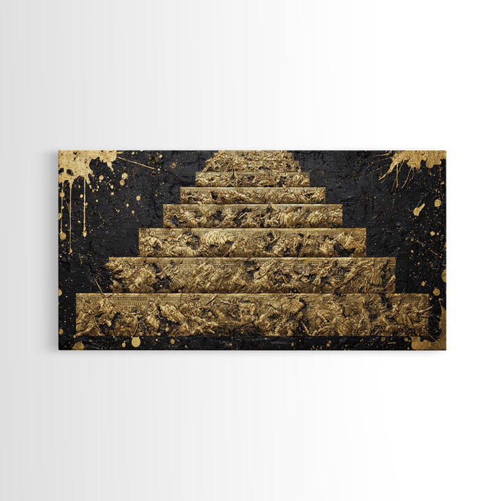 Ancient War Scene on Pyramid Steps Gold Canvas Print, Historic Battle Relief Sculpture, Regal Classical Home Art