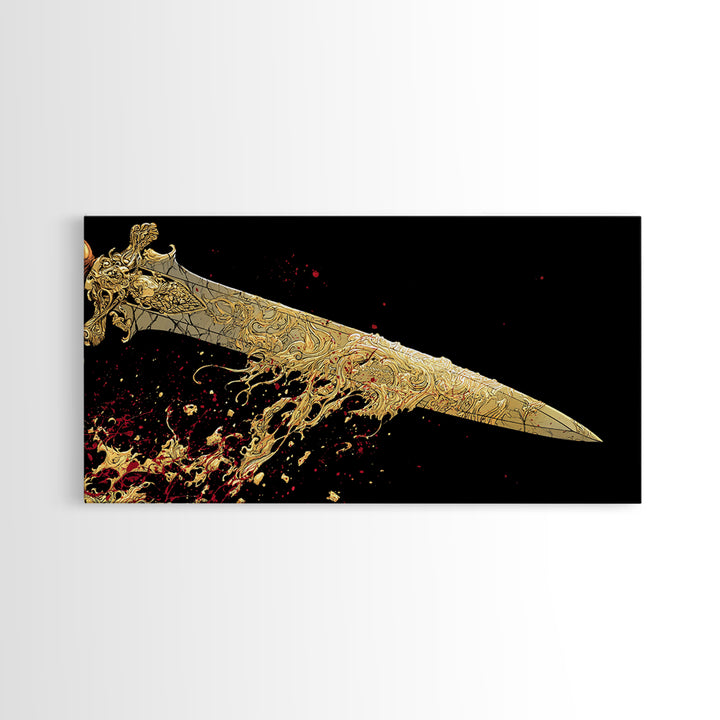 Golden Ornate Sword, Gold Canvas Print, Real Wood Frame, Dramatic Fantasy Weapon Art, Mythology Wall Decor