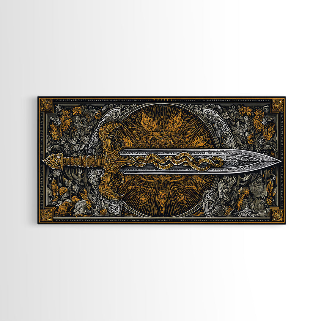 Intricate Sword with Serpent Design Gold Canvas Art, Fantasy Weapon Illustration, Ornate Blade Wall Decor for Collectors