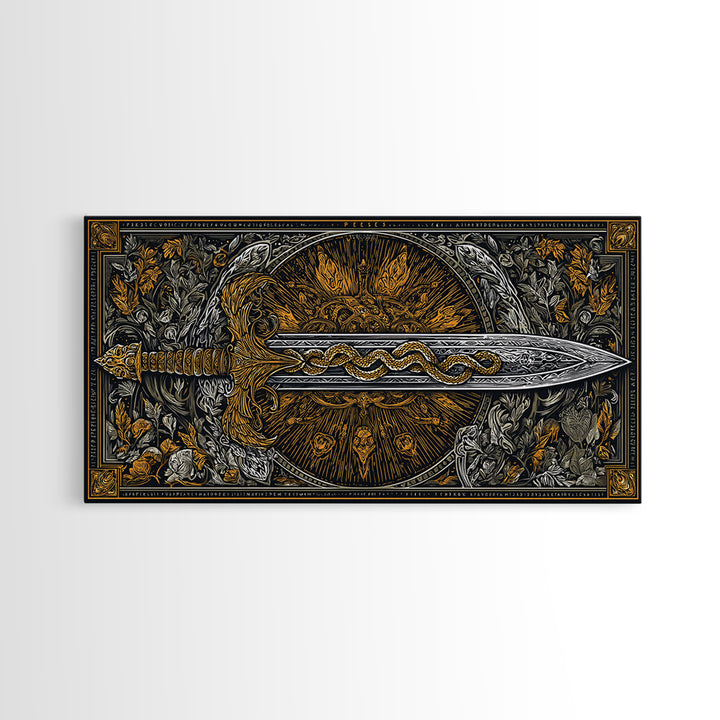Intricate Sword with Serpent Design Gold Canvas Art, Fantasy Weapon Illustration, Ornate Blade Wall Decor for Collectors