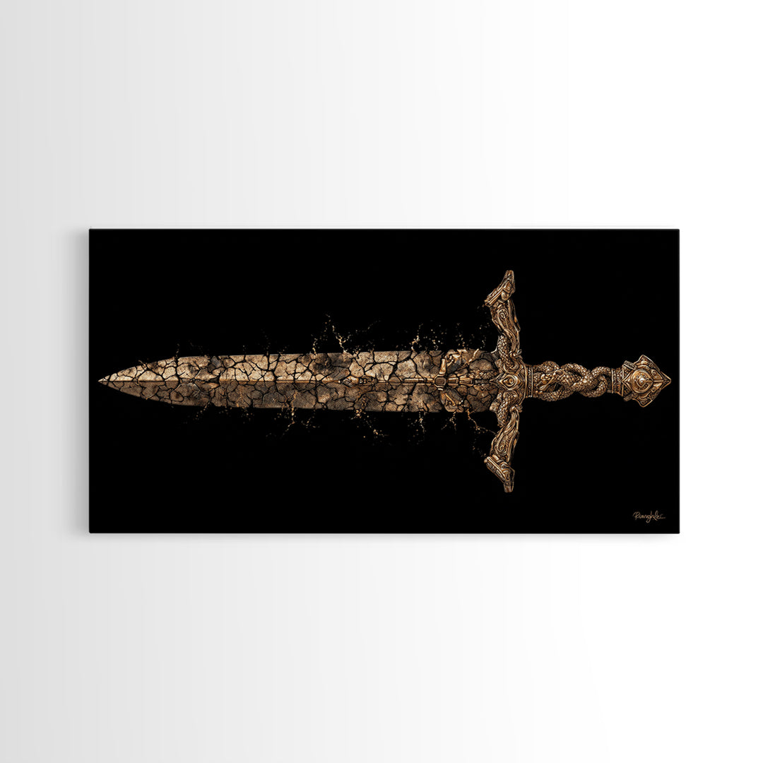 Cracked Ancient Sword Gold Canvas Print, Legendary Fantasy Weapon, Weathered Epic Blade, Gothic Home Wall Art