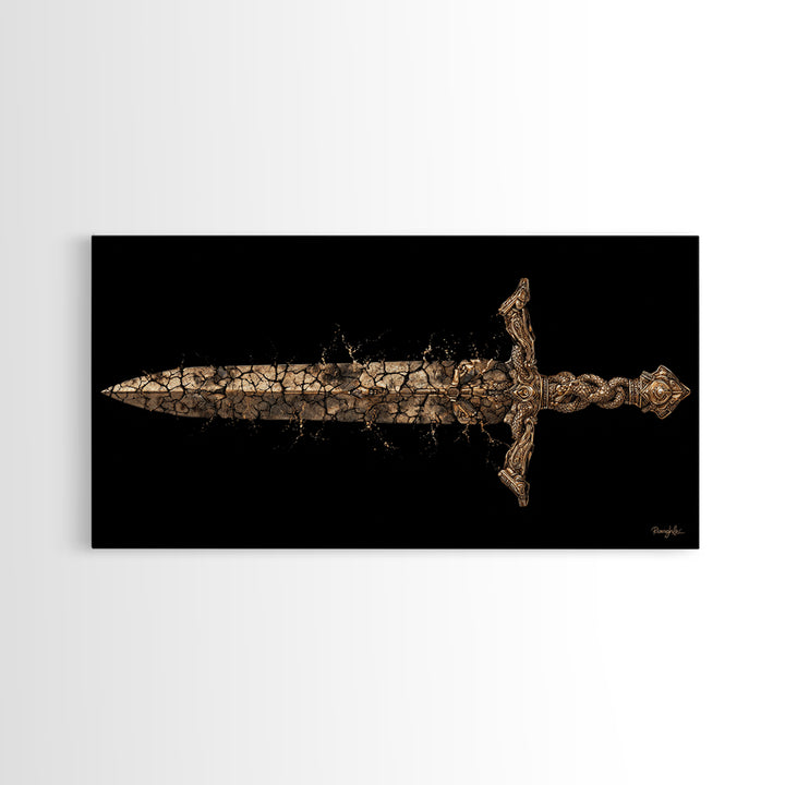 Cracked Ancient Sword Gold Canvas Print, Legendary Fantasy Weapon, Weathered Epic Blade, Gothic Home Wall Art