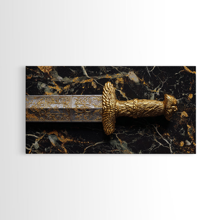 Golden Sword Hilt with Lion Design Gold Canvas Art, Ornate Weapon Photography, Luxurious Warrior Decor, Classical Battle Theme