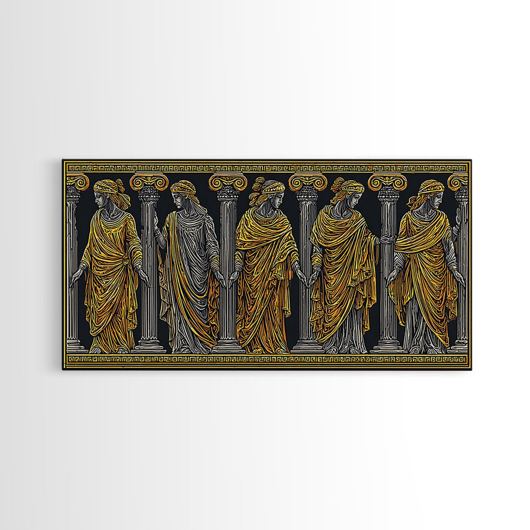 Ancient Greek Caryatid Columns, Detailed Architecture Wall Decor, Gold Canvas Print, Classical Sculpture Artwork