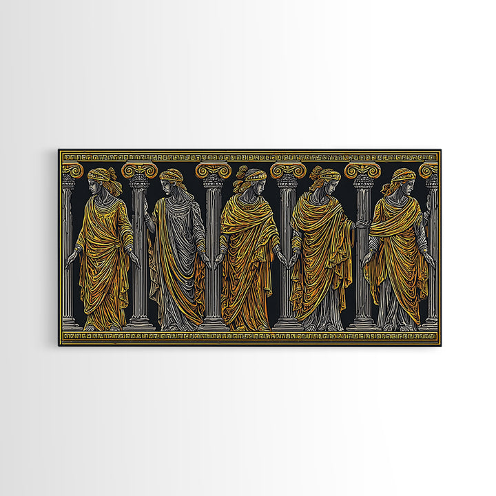 Ancient Greek Caryatid Columns, Detailed Architecture Wall Decor, Gold Canvas Print, Classical Sculpture Artwork