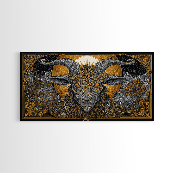 Mythical Goat Head Artwork, Intricate Horned Beast Design, Gold Canvas Art, Fantasy Wall Decor, Dark Gothic Illustration