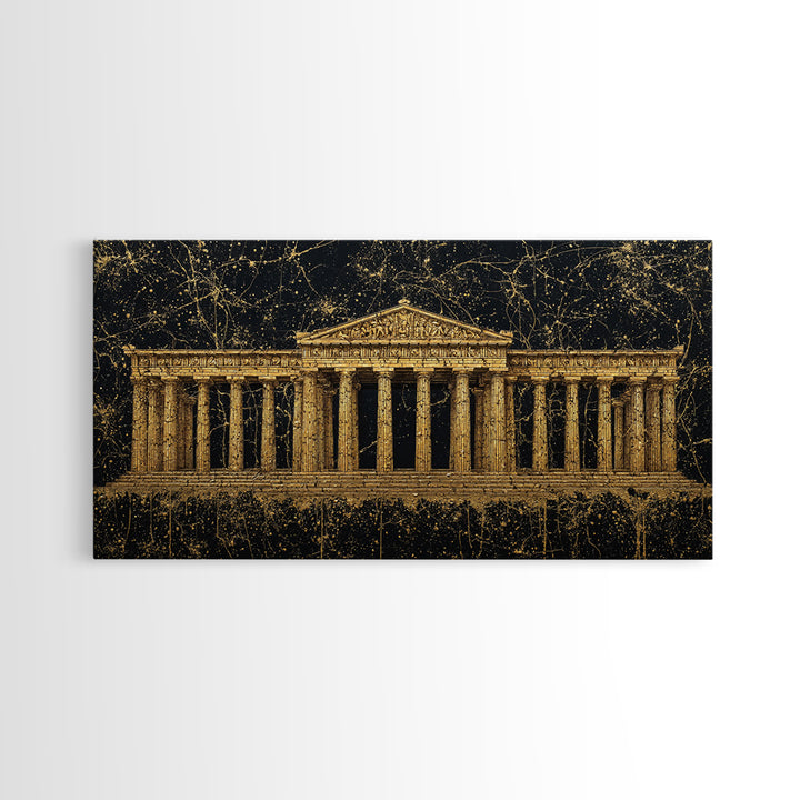 Greek Parthenon Temple Art, Splatter Paint Architecture Print, Gold Canvas Print, Classical Greece Wall Decoration