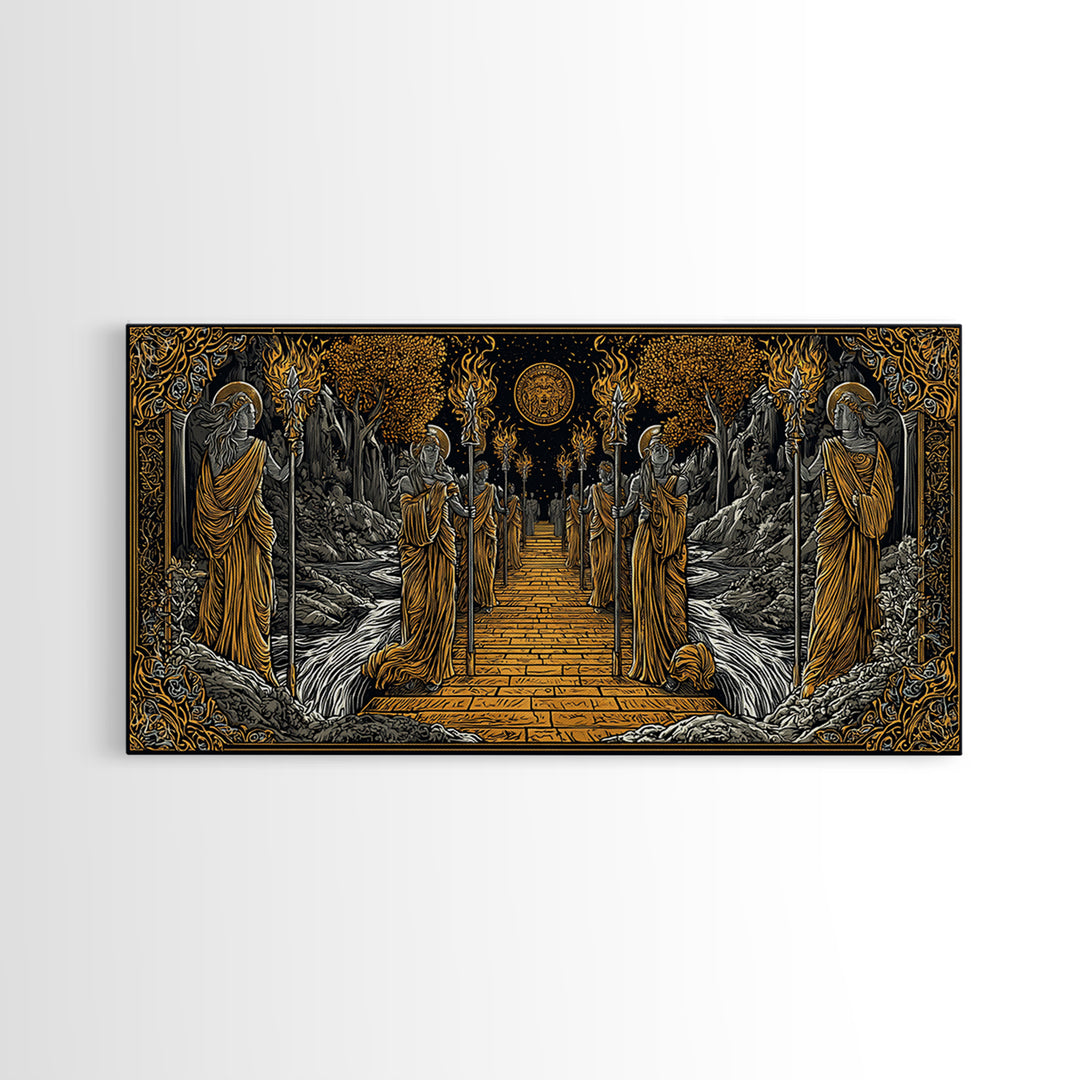 Greek Torchbearer Pathway Scene, Mythic Procession Illustration, Gold Canvas Art, Ancient Greece Wall Decor, Temple Artwork