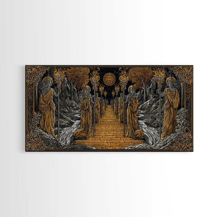 Greek Torchbearer Pathway Scene, Mythic Procession Illustration, Gold Canvas Art, Ancient Greece Wall Decor, Temple Artwork