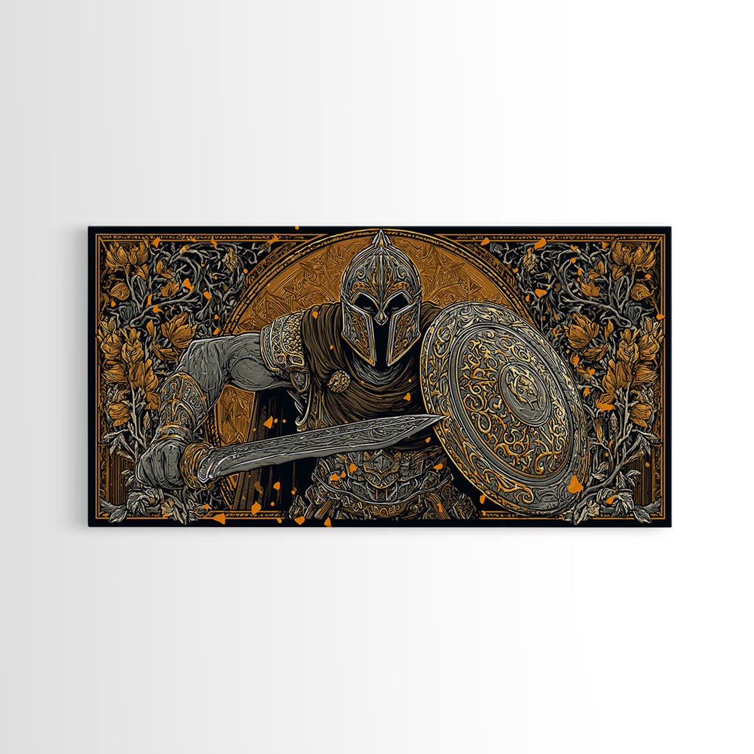 Ancient Greek Warrior With Sword And Shield, Intricate Armor Design, Gold Canvas Print, Classical Battle Wall Art