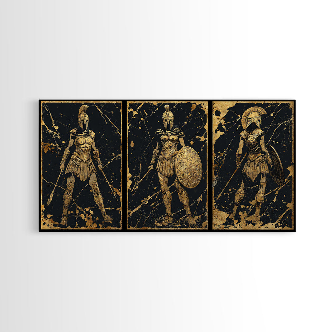 Greek Warrior Triptych Print, Spartan Female Soldiers Artwork, Gold Canvas Art, Ancient Greece Wall Decor, Mythic Battle Scene