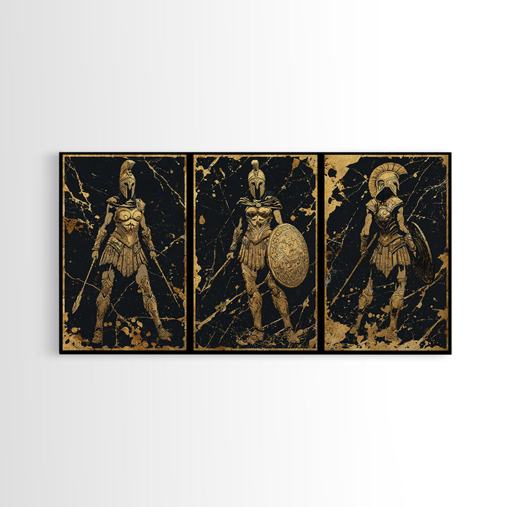 Greek Warrior Triptych Print, Spartan Female Soldiers Artwork, Gold Canvas Art, Ancient Greece Wall Decor, Mythic Battle Scene