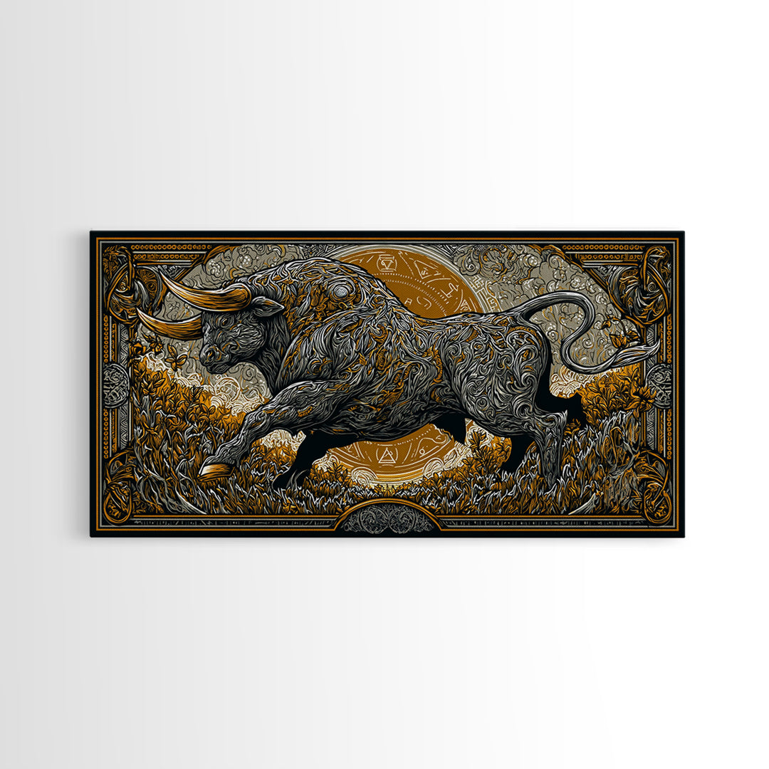 Golden Bull In Ornate Frame, Gold Canvas Art, Real Wood Frame, Symbolic Animal Wall Decor, Strength And Power