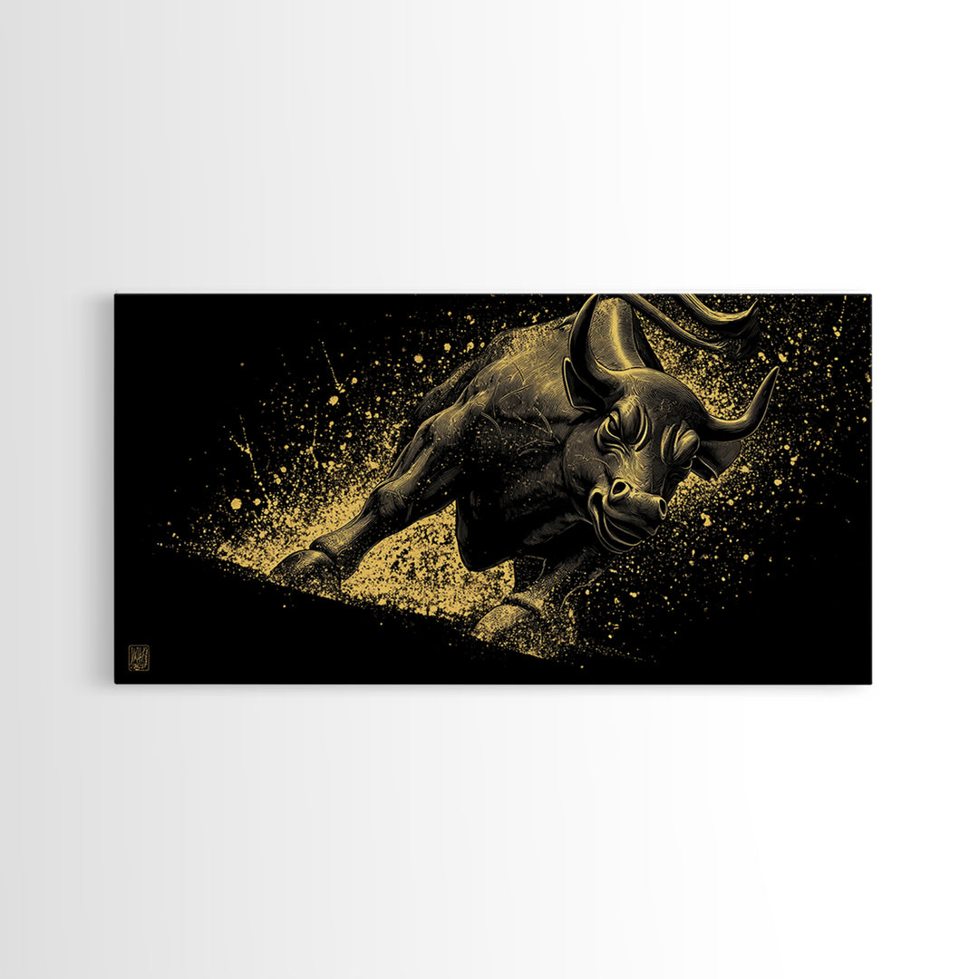 Charging Golden Bull, Gold Canvas Print, Real Wood Frame, Dynamic Animal Wall Art, Powerful Bull Illustration