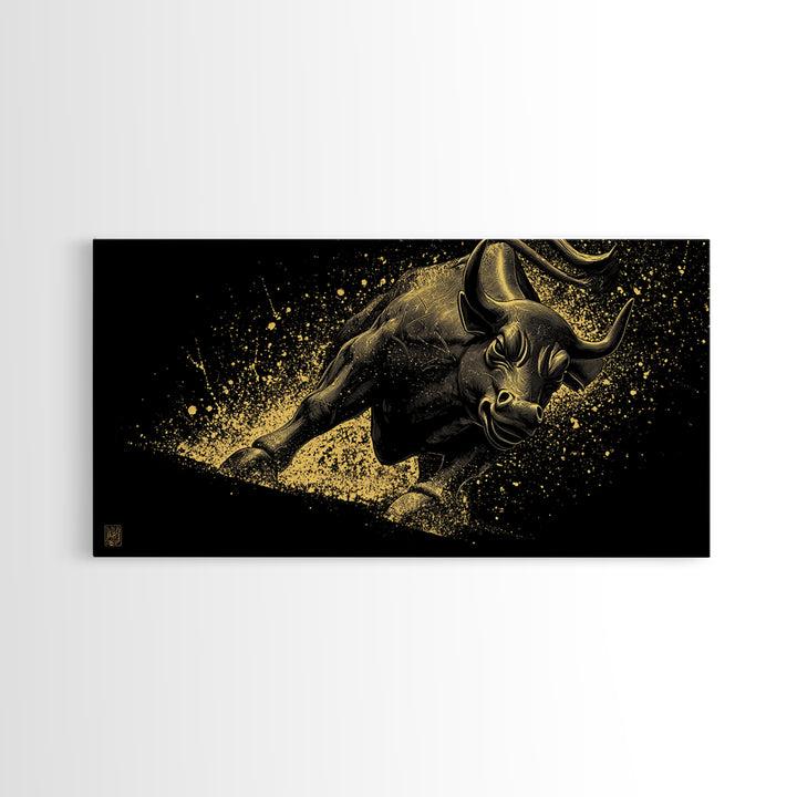 Charging Golden Bull, Gold Canvas Print, Real Wood Frame, Dynamic Animal Wall Art, Powerful Bull Illustration