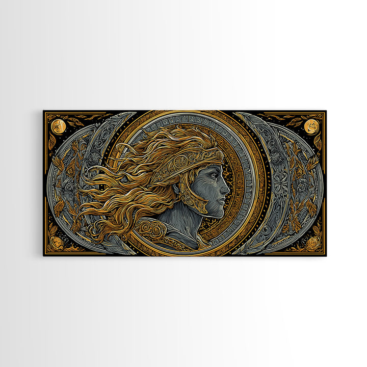 Greek God Profile Illustration, Flowing Hair And Crescent Moons, Gold Canvas Print, Classical Mythology Wall Artwork