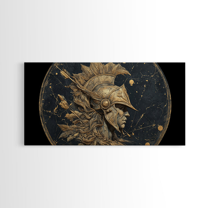 Ancient Warrior Profile Sculpture, Greek Helmet And Feathers, Gold Canvas Art, Classical Relief Wall Decor, Heroic Figure Artwork