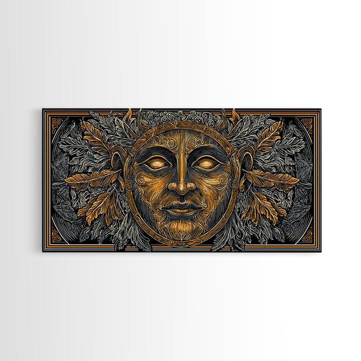 Mythic Sun God Face Artwork, Ornate Leaf And Feather Design, Gold Canvas Print, Ancient Greece Wall Decor, Celestial Art