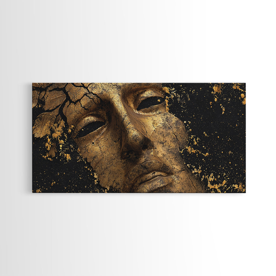 Cracked Golden Face Sculpture, Ancient Greek Mask Artwork, Gold Canvas Art, Classical Wall Decoration, Timeless Antiquity Print