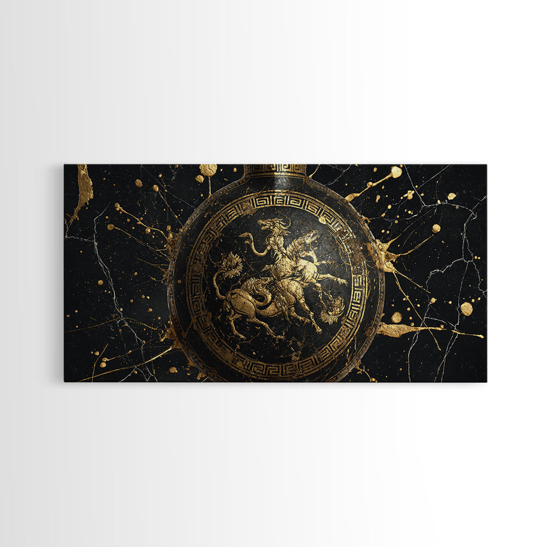 Greek Amphora Mythological Battle Scene, Gold Canvas Art, Ancient Greek Pottery Design, Classic Museum Style Wall Decor Print