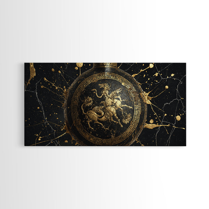 Greek Amphora Mythological Battle Scene, Gold Canvas Art, Ancient Greek Pottery Design, Classic Museum Style Wall Decor Print