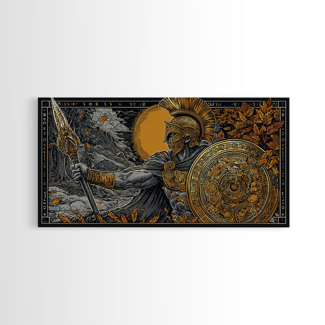 Ares Greek Warrior God With Spear And Shield, Gold Canvas Art, Heroic Mythological Wall Decor, Luxury Classical Home Accent