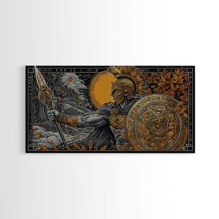 Ares Greek Warrior God With Spear And Shield, Gold Canvas Art, Heroic Mythological Wall Decor, Luxury Classical Home Accent