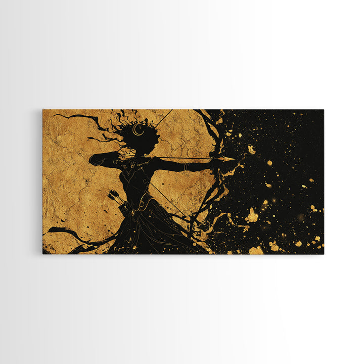 Artemis Goddess Of The Hunt And Moon, Gold Canvas Art, Elegant Greek Mythology Wall Decor, Celestial Classical Home Accent