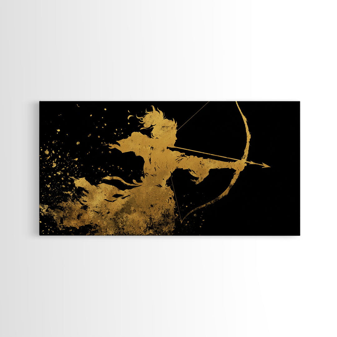 Artemis Greek Huntress Goddess Silhouette, Gold Canvas Print, Moonlit Mythology Wall Art, Elegant Classic Home Design