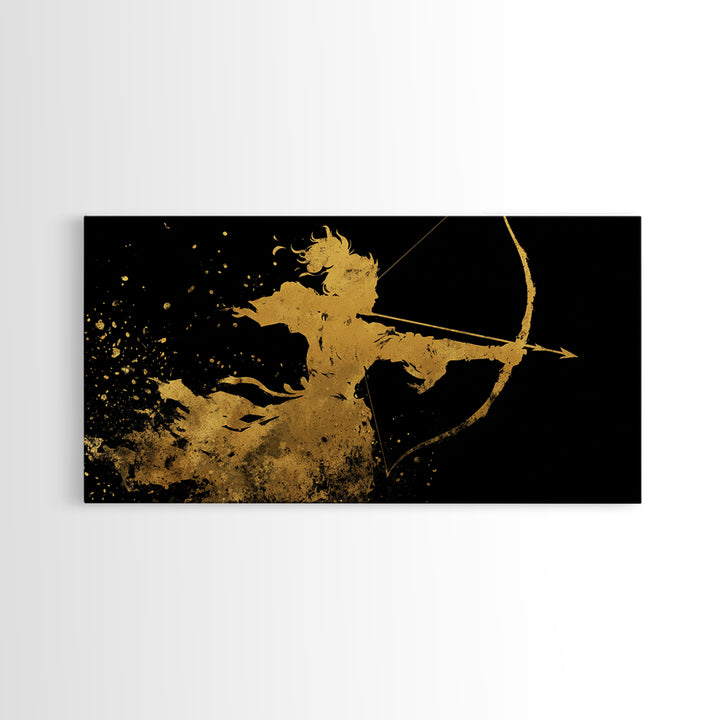 Artemis Greek Huntress Goddess Silhouette, Gold Canvas Print, Moonlit Mythology Wall Art, Elegant Classic Home Design