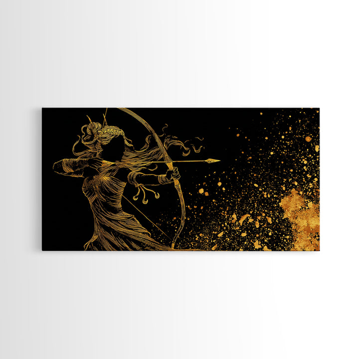Artemis Greek Goddess Archer Silhouette, Gold Canvas Art, Celestial Mythology Wall Decor, Elegant Classical Home Accent Piece