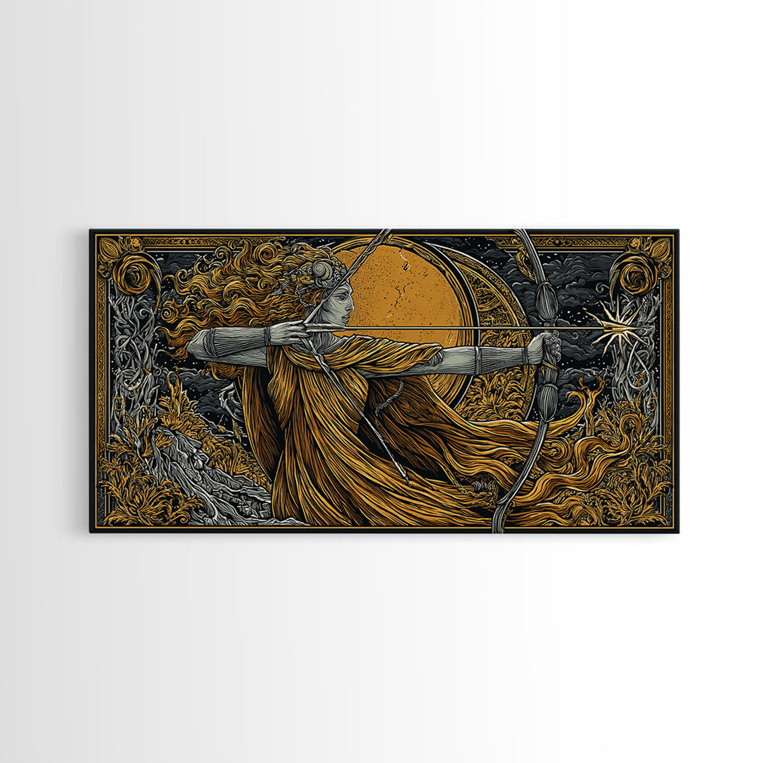 Artemis Goddess Archer With Golden Moon, Gold Canvas Print, Greek Mythology Wall Art, Classic Elegant Home Decor Piece