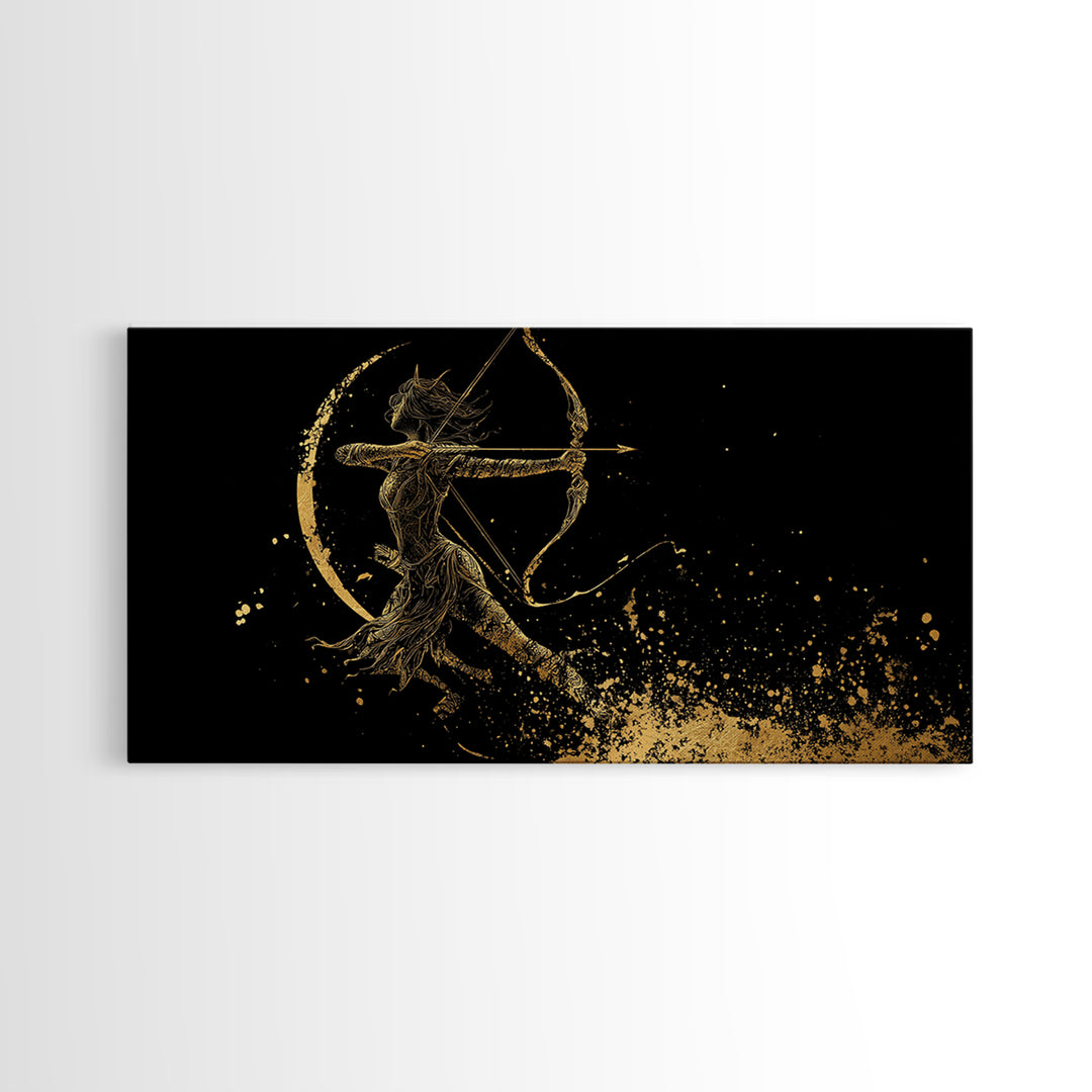 Gold Canvas Art Of Artemis Greek Goddess Archer, Black Background, Elegant Moon And Bow Design, Panoramic Mythology Wall Art