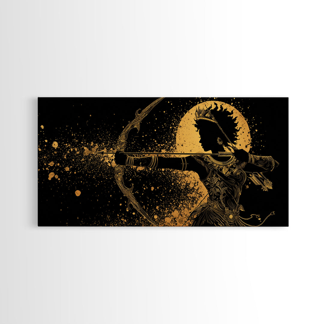 Gold Canvas Print Of Artemis Greek Goddess Archer, Regal Profile, Detailed Bow And Arrow, Panoramic Fantasy Wall Decor