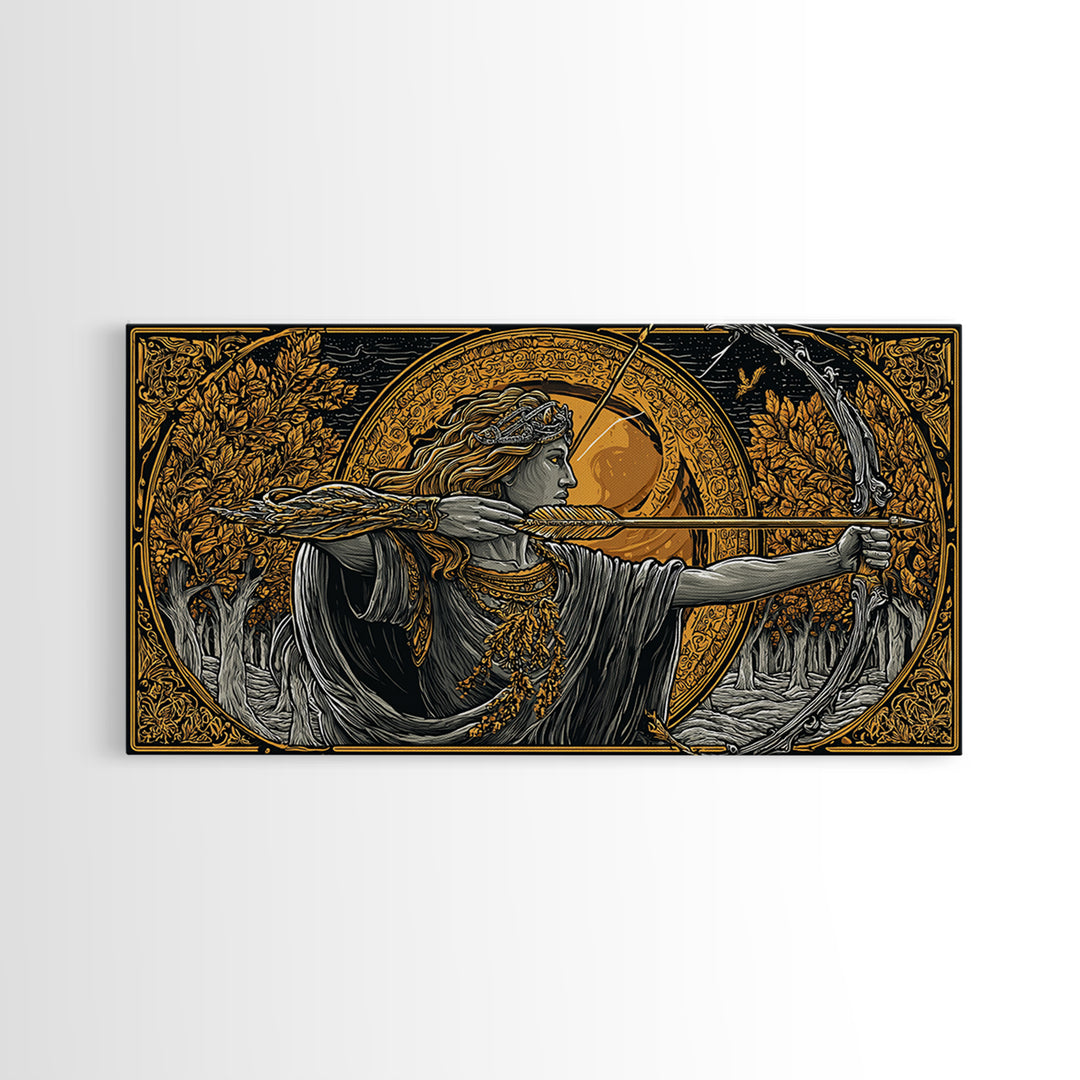 Gold Canvas Art Of Artemis Greek Goddess Archer, Classical Ornate Frame, Mythological Forest Scene, Panoramic Greek Wall Print