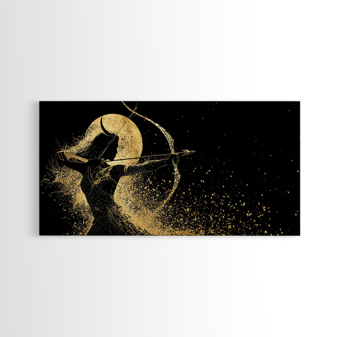 Gold Canvas Print Of Artemis Greek Goddess Archer, Full Moon Silhouette, Gold Splatter Effect, Panoramic Elegant Wall Art