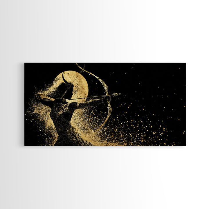 Gold Canvas Print Of Artemis Greek Goddess Archer, Full Moon Silhouette, Gold Splatter Effect, Panoramic Elegant Wall Art
