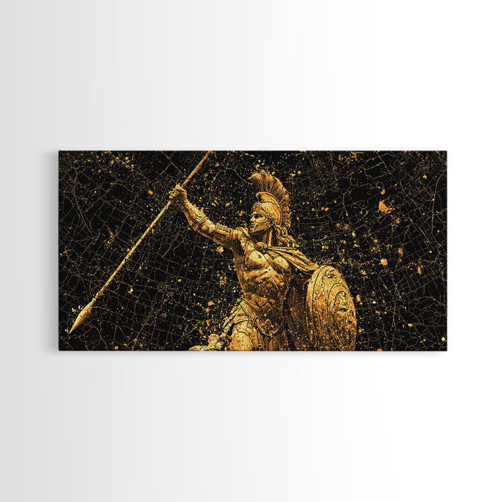 Gold Canvas Art Of Athena Greek Goddess Warrior, Ancient Greek Armor And Spear, Gold Splatter Mosaic, Panoramic Battle Wall Print