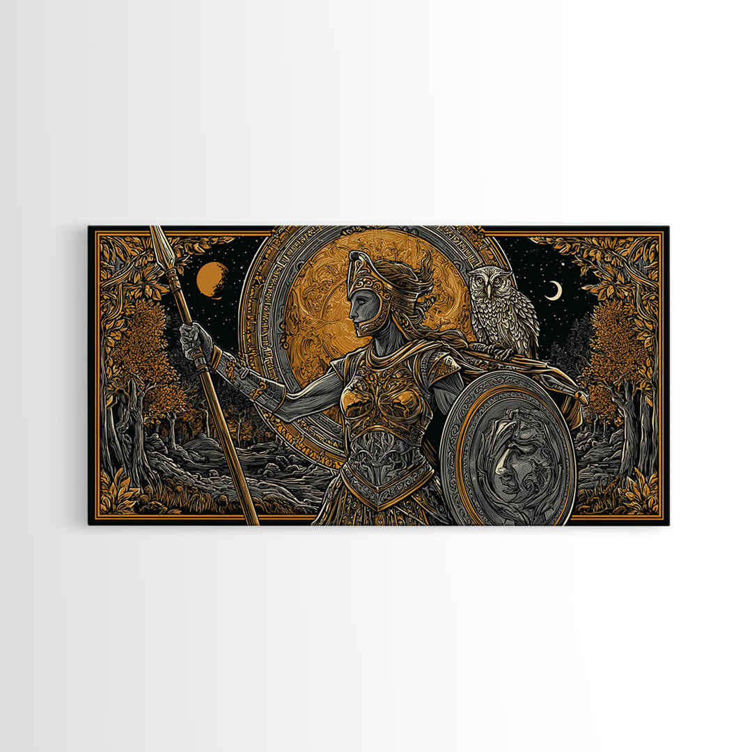 Gold Canvas Print Of Athena Greek Goddess Warrior, Ornate Armor And Owl, Mythology Forest Scene, Panoramic Greek Wall Decor
